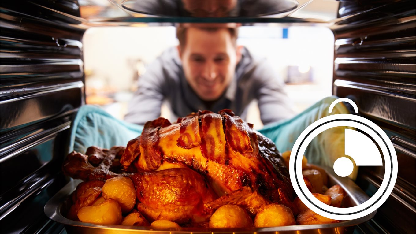 Man taking turkey out of the oven with kitchen timer icon superimposed