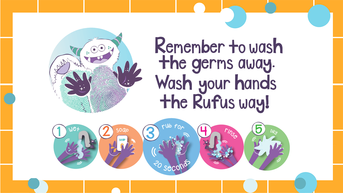 The 5 handwashing steps - wash, soap, rub, rinse, dry