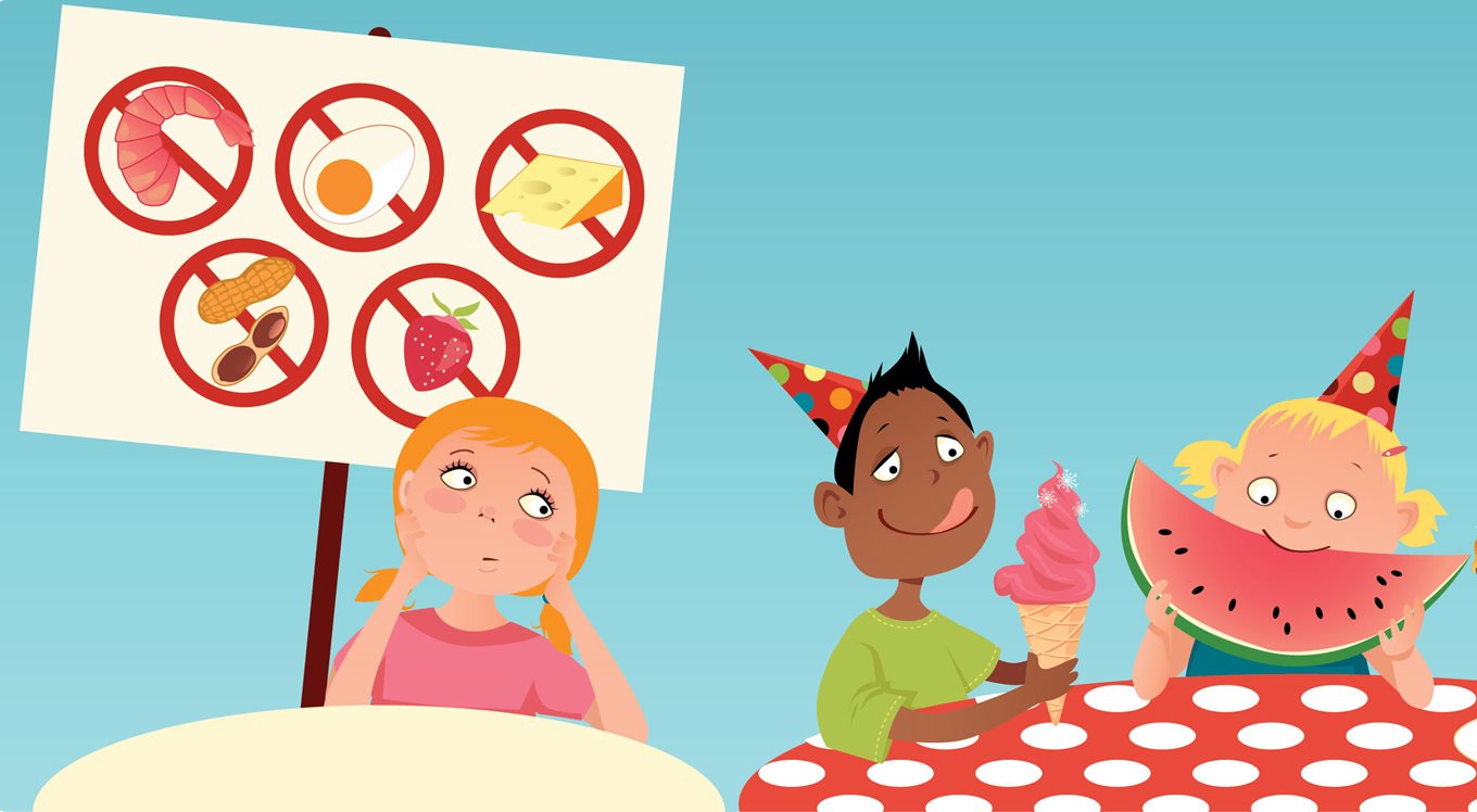 Illustration of little girl with allergies at a party