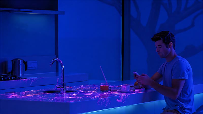 Kitchen worktop under UV light showing lingering bacterial contamination on surfaces