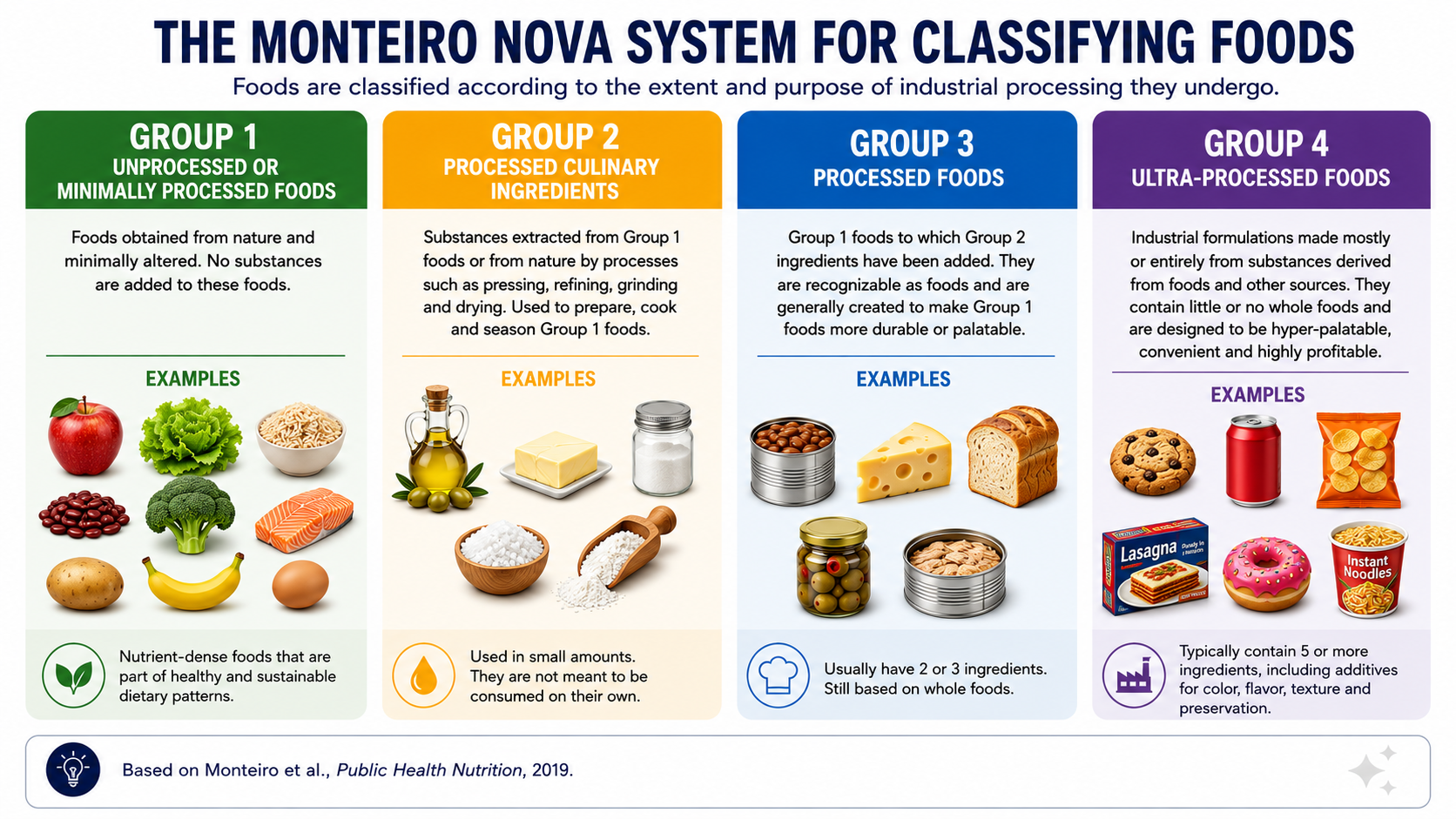 Infographic titled The Monteiro Nova System for Classifying Foods”. The layout is divided into four columns, representing the NOVA groups according to level of industrial processing. Group 1 – Unprocessed or Minimally Processed Foods. Group 2 – Processed Culinary Ingredients. Group 3 – Processed Foods. Group 4 – Ultra-Processed Foods.