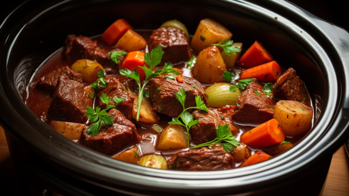 A slow cooker on a kitchen counter