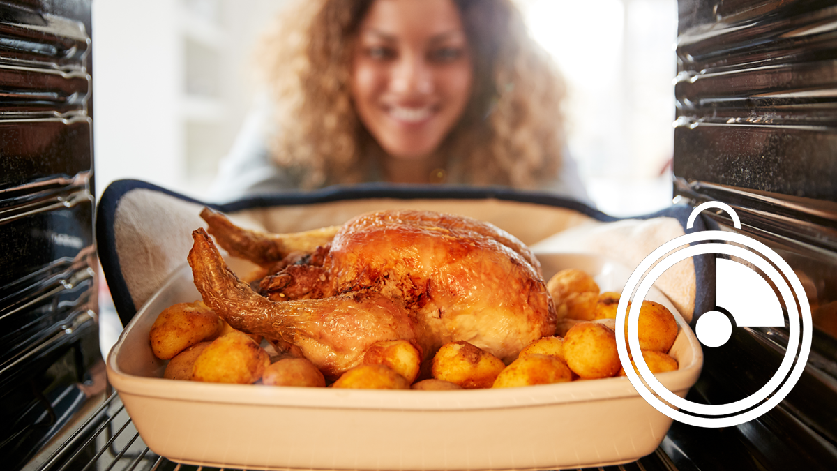 Woman taking turkey out of the oven with kitchen timer icon superimposed