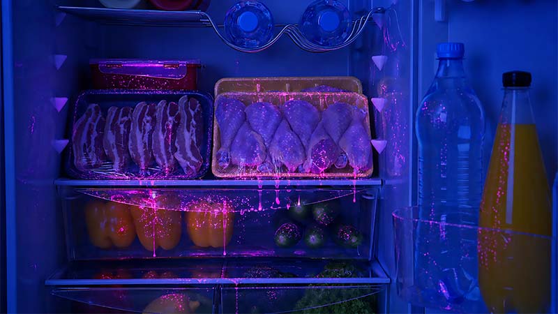 Child eating lunch at a table under UV lighting
