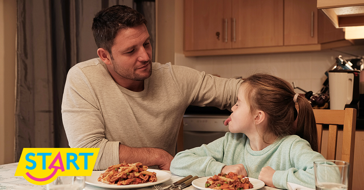 Decorative logo of Dad and child at the dinner table with Start campaign logo