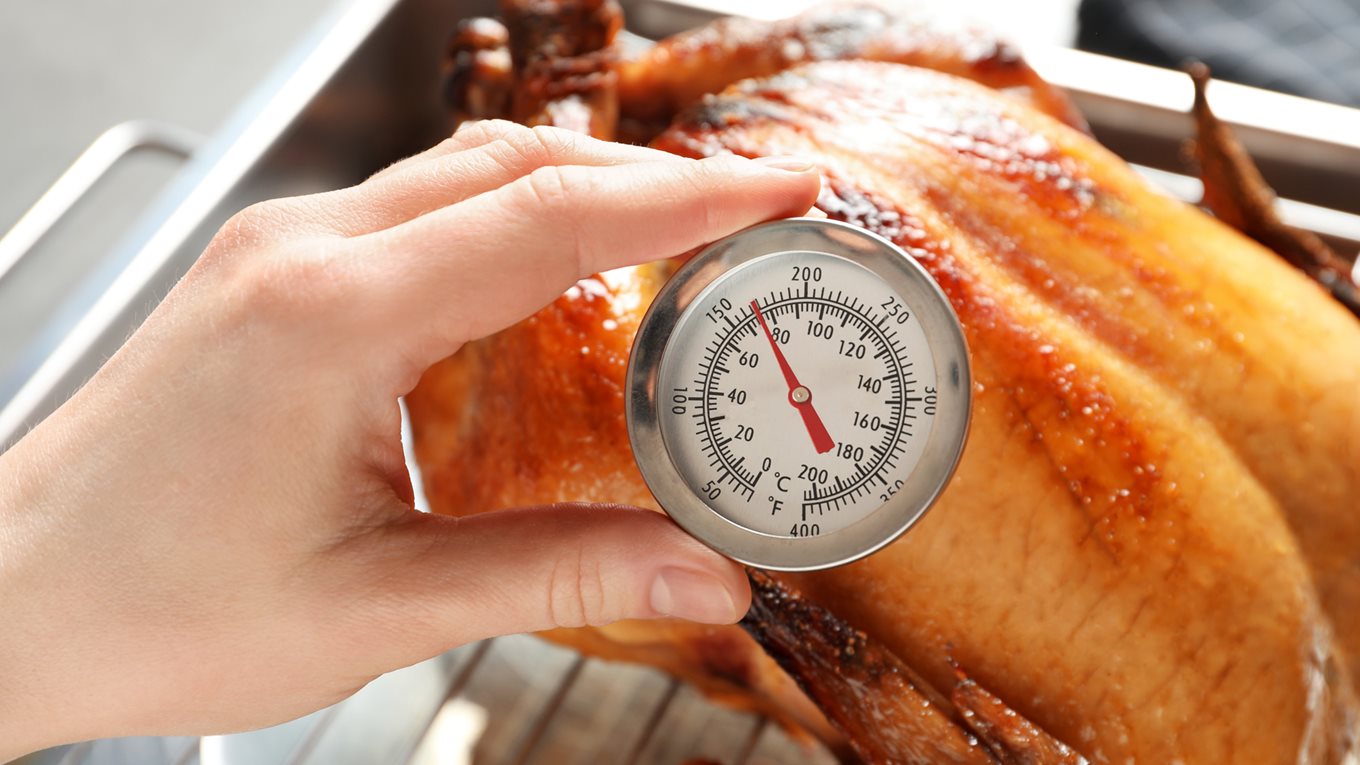 Meat thermometer in turey showing 75 degrees celcius