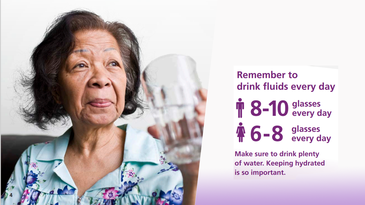 Men should drink 8 to 10 glasses a day and women 6 to 8 glasses a day