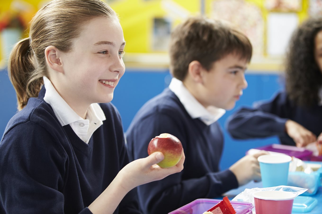 School children eating healthy lunches