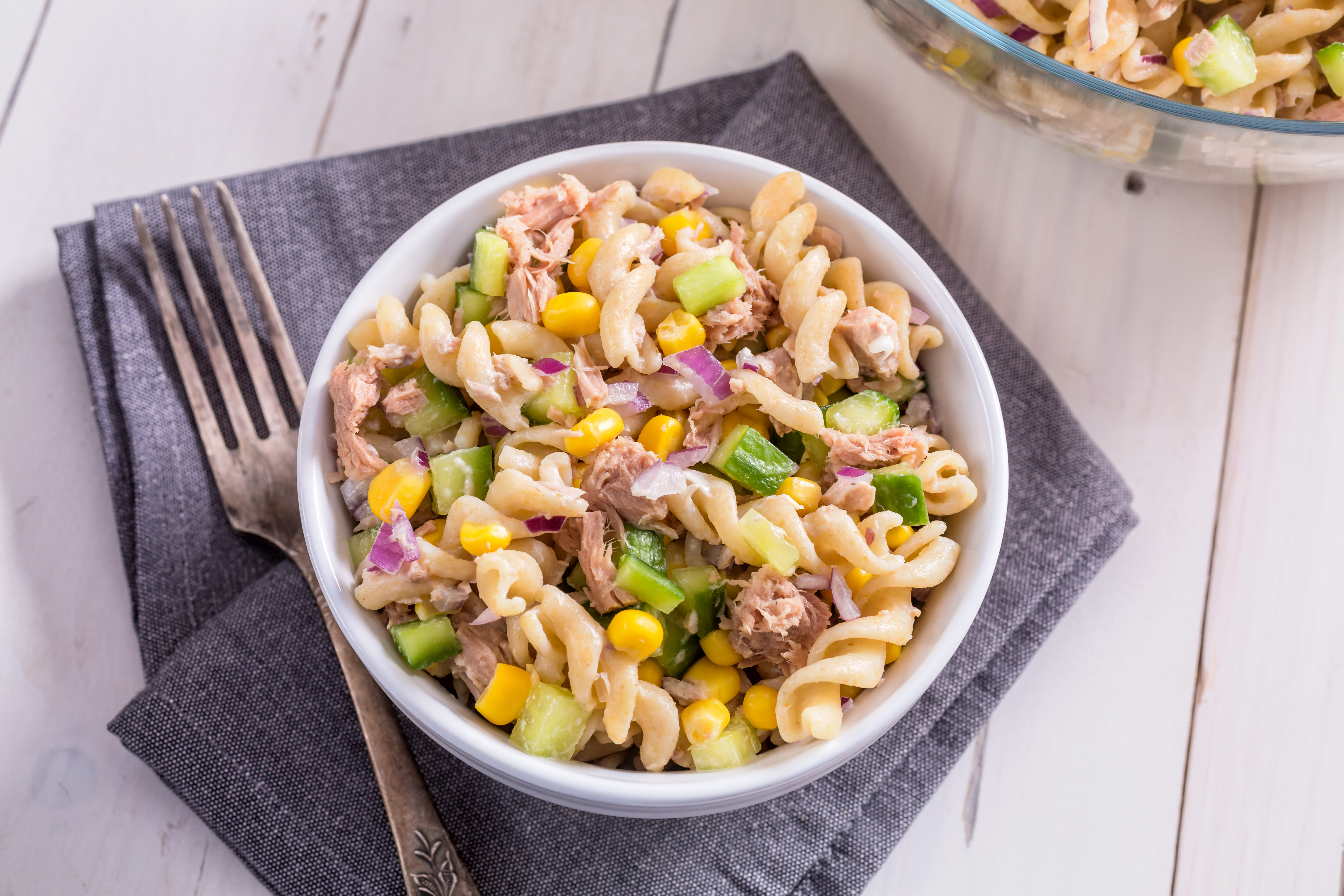 Tuna pasta with sweetcorn and peppers