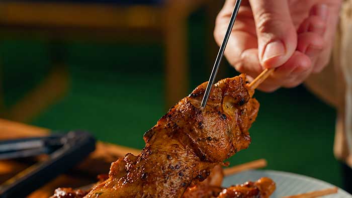 Meat thermometer probe inserted lengthways through a chicken kebab